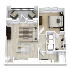 3D floor plan of one bedroom apartment layout at The Westerly Apartments, Midlothian, Texas