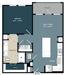 A floor plan of a house with labeled rooms such as RELAX, DREAM, LIVE/DINE, REFRESH, COOK, STYLE, and ENTRY.