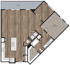A floor plan of a house with a living room, dining room, kitchen, and bathroom.
