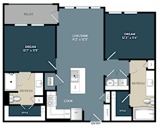 Two bedroom two bathroom apartment layout with style areas at The Bluewood Apartments, Texas