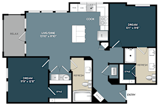 Two bedroom two bathroom apartment layout with patio at The Bluewood Apartments, Texas, 78028