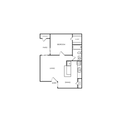 A black and white floor plan of a house with a kitchen, living room, and two bedrooms.