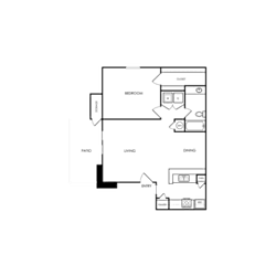 A floor plan of a house with a kitchen, living room, and two bedrooms.