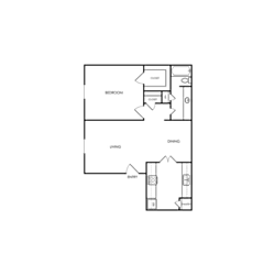 A floor plan of a house with a kitchen, living room, dining room, and two bedrooms.
