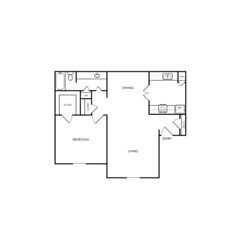 A floor plan of a house with a kitchen, living room, and two bedrooms.