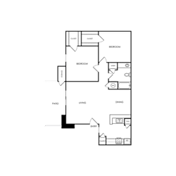 A floor plan of a house with a kitchen, living room, and two bedrooms.