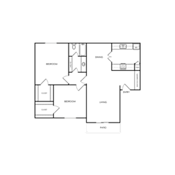 A floor plan of a house with a kitchen, living room, and two bedrooms.