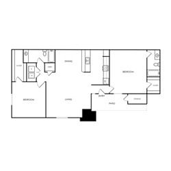 A floor plan of a house with a kitchen, living room, and two bedrooms.
