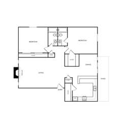 A floor plan of a house with a kitchen, living room, and two bedrooms.