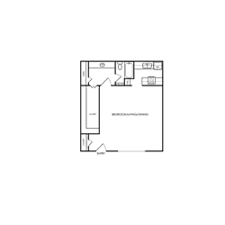 A floor plan of a room with a closet, a door, and a bathroom.