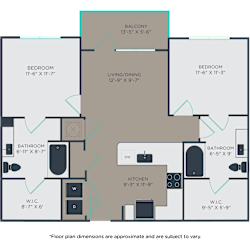 2 bed 2 bathroom B1 Floor Plan at Link Apartments® 4th Street, Winston-Salem, North Carolina