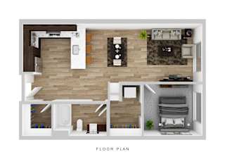 A floor plan of a house with a living room, kitchen, and bedrooms.