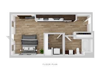 A floor plan of a room with a couch, chair, and a plant.