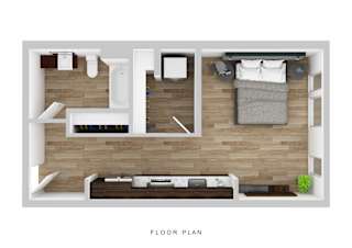 A floor plan of a small apartment with a bedroom, living room, and kitchen.