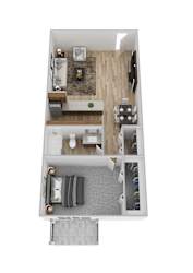 A top down view of a small apartment with a kitchen, living room, and bedroom.