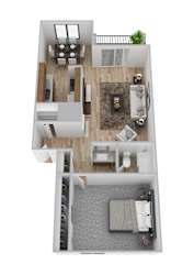 A top-down view of a modern apartment with a living room, kitchen, and bathroom.