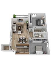 A top-down view of a small apartment with a kitchen, living room, and bedroom.