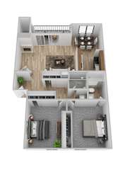 A top down view of a modern apartment with a living room, kitchen, and dining area.