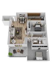 A 3D floor plan of a house with two bedrooms, a living room, a kitchen, and a bathroom.