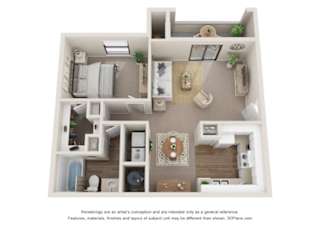 A 3D floor plan of a house with a kitchen, living room, and bedrooms.
