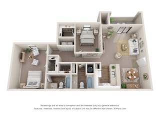 A 3D floor plan of a house with a kitchen, living room, and two bedrooms.