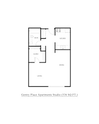 A floor plan of an apartment with a living room, dining room, kitchen, bathroom and closet.