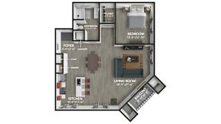 A floor plan of a small apartment with a living room, kitchen, bathroom, and bedroom.