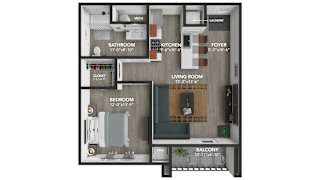 A floor plan of an apartment with a living room, dining room, kitchen, bathroom, bedroom and balcony.