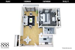 A floor plan for a 719 square foot apartment with one bedroom and one bathroom.
