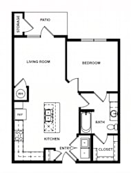 A black and white image of a floor plan for a home with a living room, kitchen, bathroom, bedroom, and storage.
