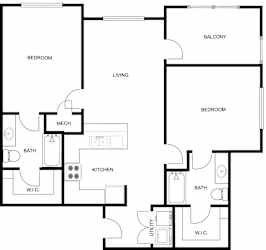 A black and white image of a house floor plan with a balcony, two bedrooms, a living room, a kitchen, a bath, a mech, and a utility room.