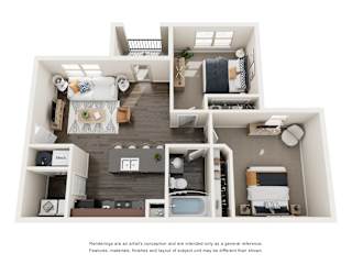 A floor plan of a small apartment with a kitchen, living room, and bedrooms.