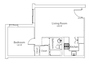 A floor plan of a small apartment with a bedroom, living room, kitchen, and bathroom.