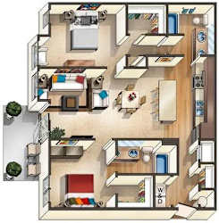 A floor plan of a two-story apartment with a living room, kitchen, and bedrooms.