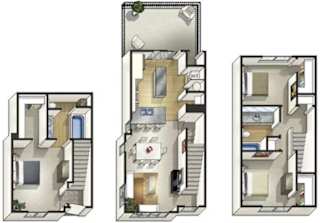 Three different layouts of a house are shown.
