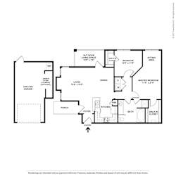 A black and white floor plan of a house with a garage and a porch.
