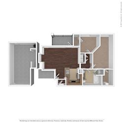 A floor plan of a house with a kitchen, living room, and bathroom.