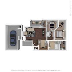 A floor plan of a house with a garage and a car.