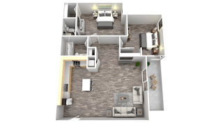 a floor plan of a one bedroom apartment with two bathrooms and a balcony