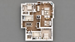 A detailed 3D floor plan of a house layout.