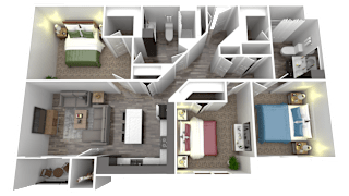 a floor plan of a two bedroom apartment with a bathroom and a bedroom with a bed and