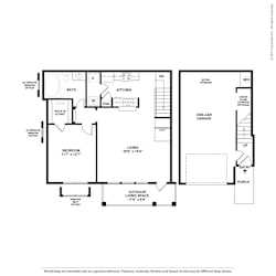 A floor plan of a house with a living room, kitchen, and bathroom.