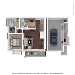 A top down view of a house with a car parked in the garage.