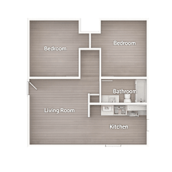 A floor plan of a house with a living room, kitchen, and two bedrooms.