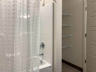 a bathroom with a tub shower and a storage closet