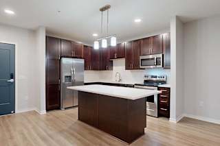 A modern kitchen with dark wood cabinets and stainless steel appliances.