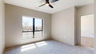 Bright apartment bedroom with soft carpeting, a large window providing natural light, ceiling fan, neutral finishes, and an open doorway leading to an adjoining room.