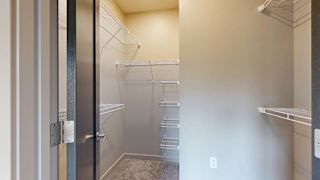 Walk-in apartment closet with built-in wire shelving and carpeted flooring.