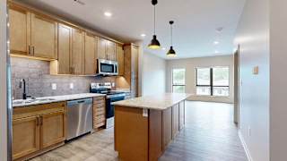 Modern apartment kitchen with a large island, wood cabinetry, and stainless steel appliances.