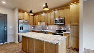 Modern apartment kitchen with a large island, wood cabinetry, and stainless steel appliances.